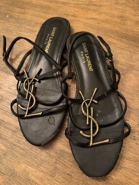 YSL Cassandra Logo Bronzed Flat Black Leather Sandals Paris FAIR 39